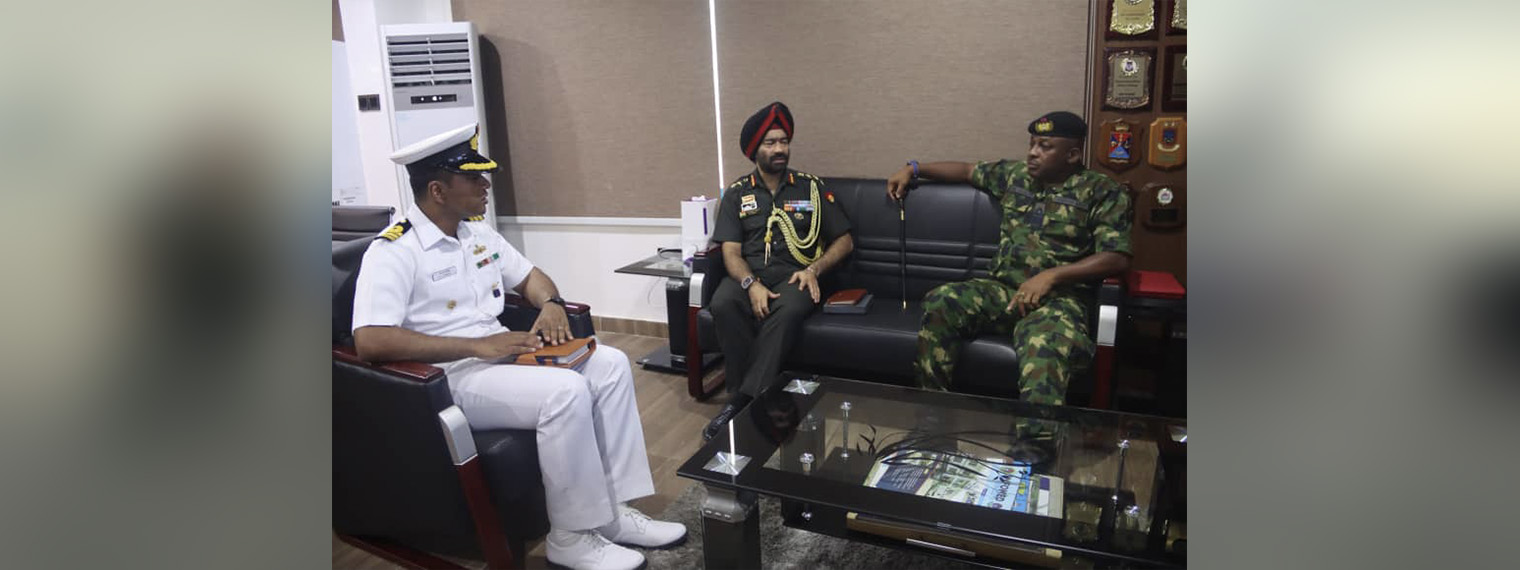  The India Defence Attaché Colonel Romi singh Legha and the Commander of the Indian Navy Ship SUMEDHA (INS) Commander Chandeep paid a courtesy call on the Flag Officer Commanding Western Naval Command Rear Admiral MB Hassan on the occasion of Port call to Lagos on 13 Oct 2023.