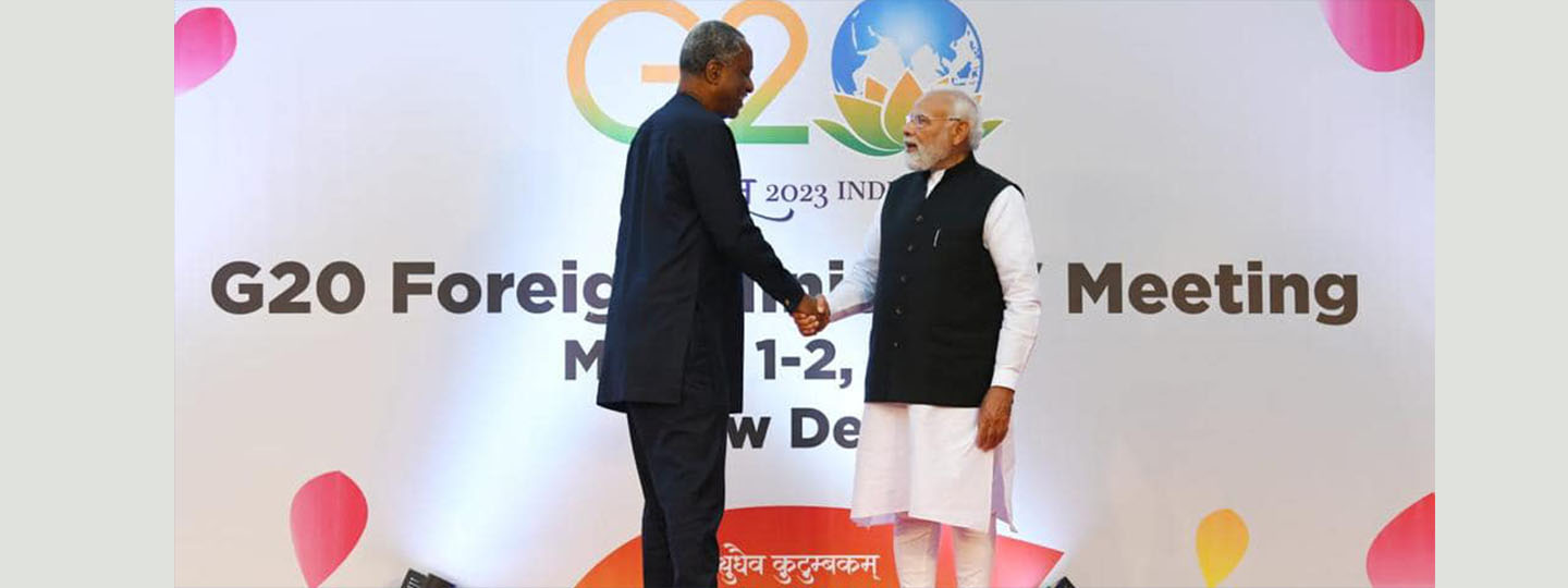  Hon'ble Prime Minister of India greeting H.E. Geoffrey Onyeama, Foreign Minister of Nigeria at the G20 Foreign Ministers Meeting on 2 March 2023