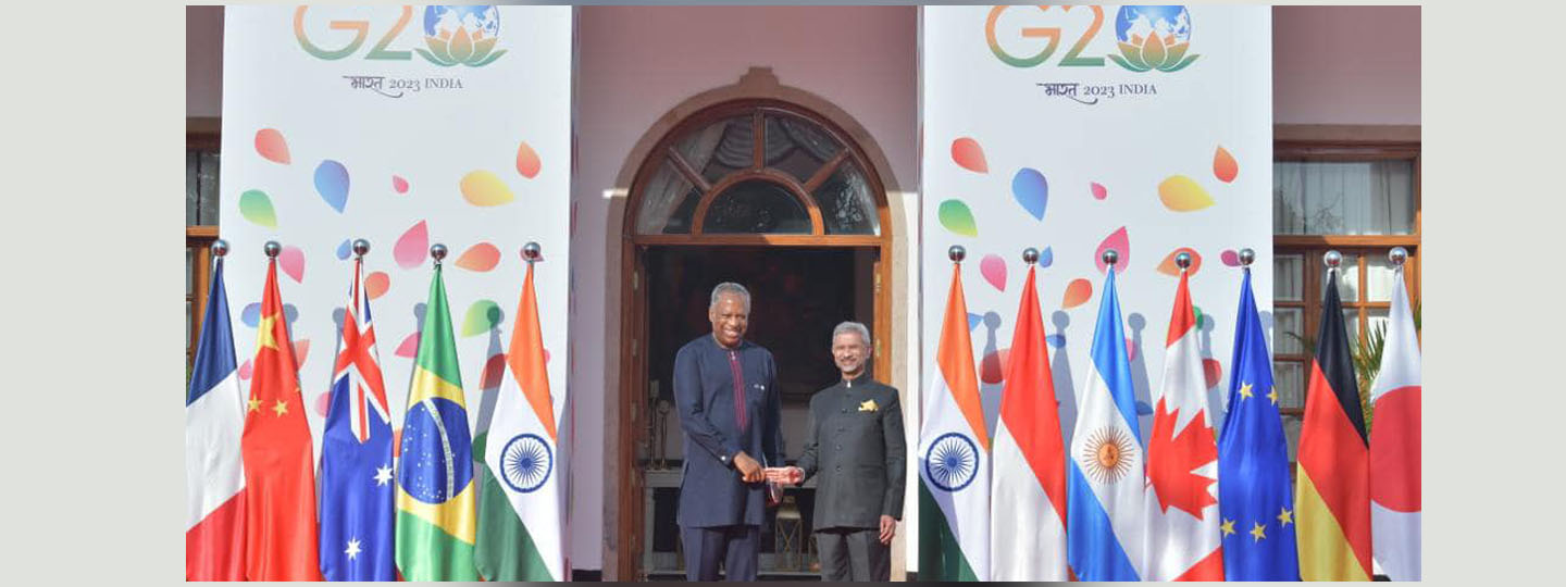  Hon'ble External Affairs Minister of India greeting H.E. Geoffrey Onyeama, Foreign Minister of Nigeria at the G20 Foreign Ministers Meeting on 2 March 2023