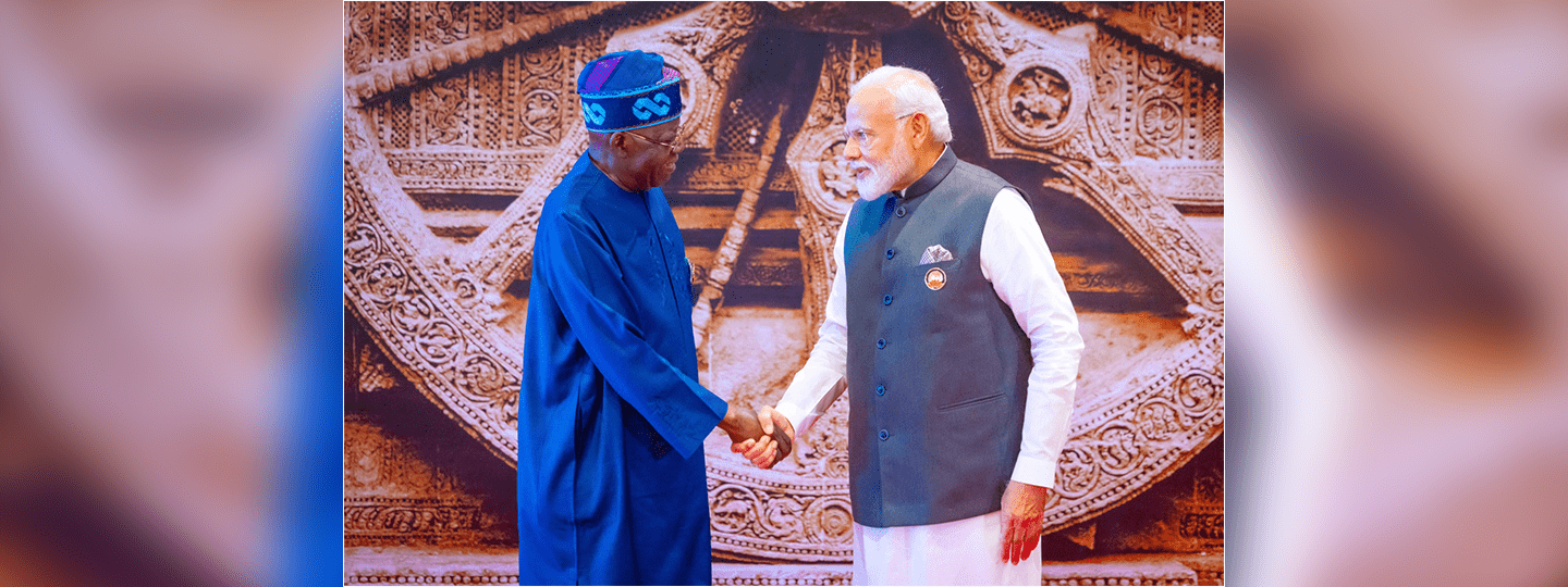  PM Shri Narendra Modi welcomed H.E. Mr. Bola Ahmed Tinubu, President of Nigeria at G20 leaders' Summit at New Delhi on 10 Sept 2023